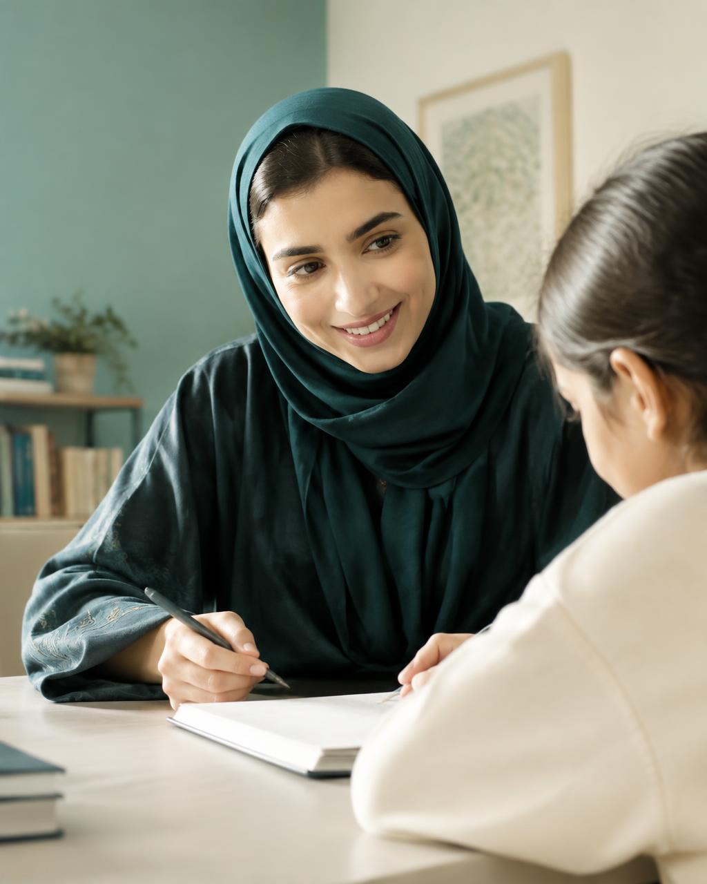 معلمة تشرح لطالبة في جلسة درس خصوصي